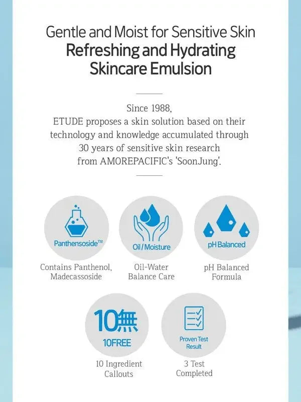 Korean moisturizer for sensitive skin Emulsion 130ml Korean moisturizerLightweight emulsion for sensitive skin hydrationEtude House SoonJung skincare with panthenol and madecassosideNon-greasy emulsion moisturizer for delicate s
