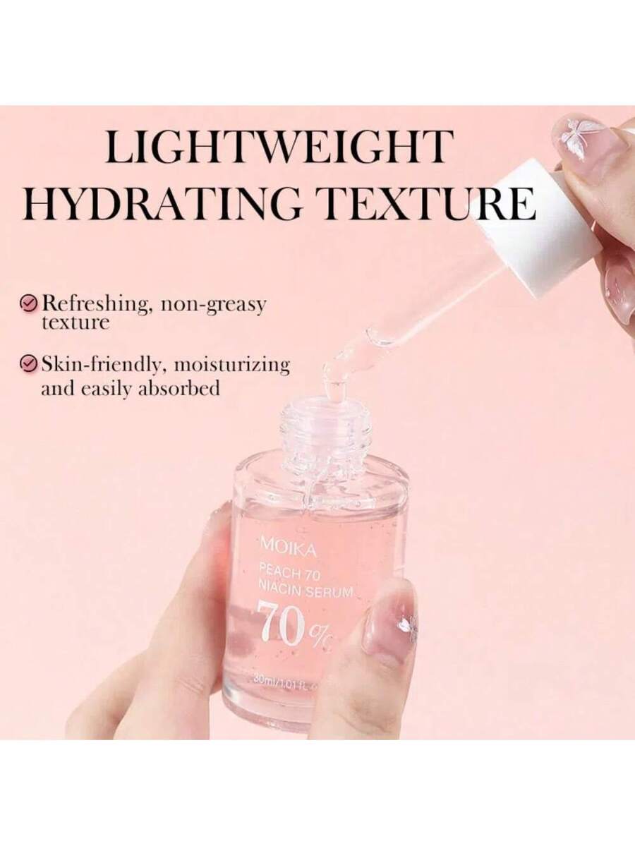 Peach 70 Niacinamide Serum Hydrating Brightening– hydrating niacinamide and peach extractGlass-skin serum with peach extract & triple hyaluronic acidBrightening peach niacinamide serum for radiant skinLightweight hydration serum with natural pink tintUpcycled peach extract serum for bright, smooth complexion