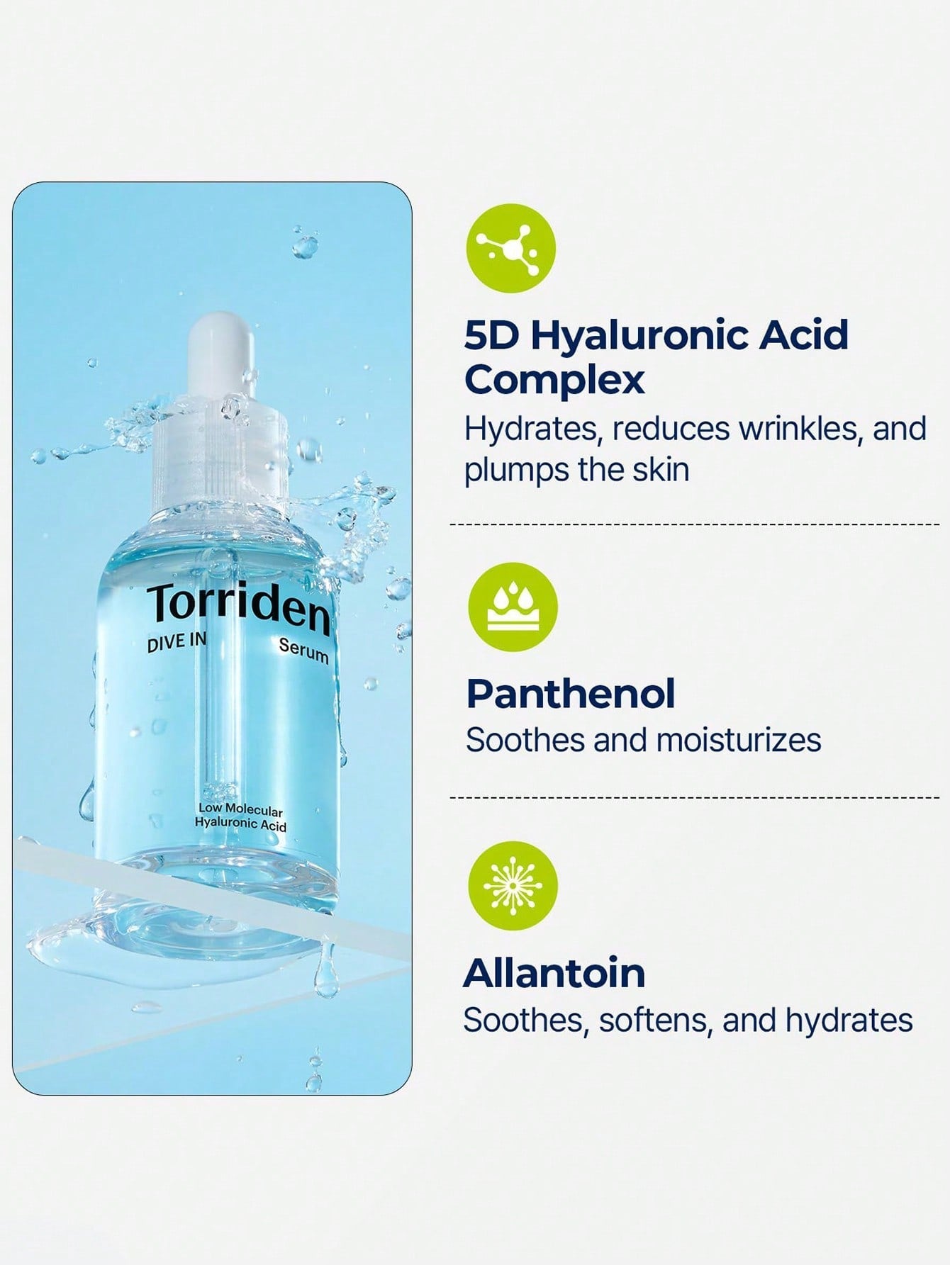 Torriden Dive-In Hyaluronic Acid Serum – 5D hydrationGlass skin serum with multi-weight hyaluronic acidFragrance‑free hydrating serum for sensitive skinLightweight HA serum for plump, dewy complexionBarrier-support hydrating serum with panthenol