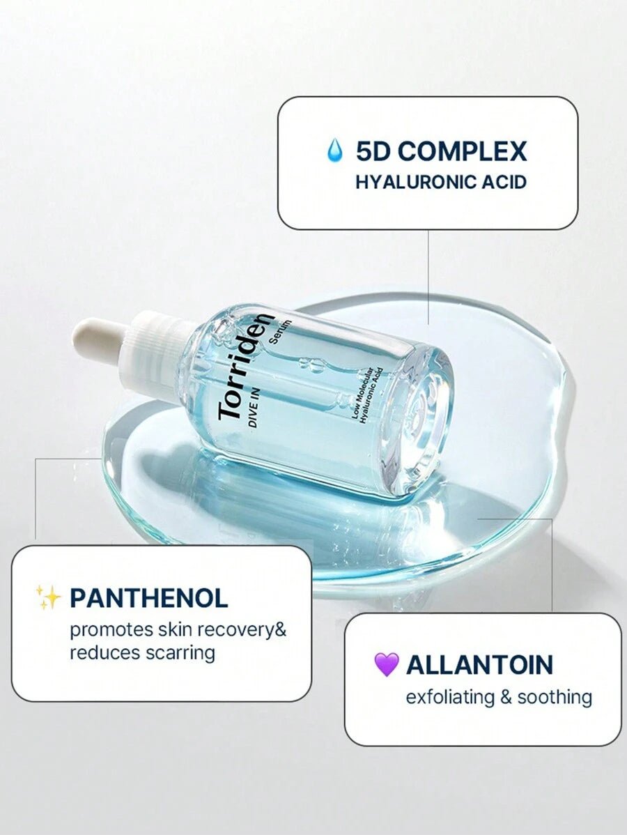 Torriden Dive-In Hyaluronic Acid Serum Serum in a dropper bottle on a glass surface with ingredients highlighted.