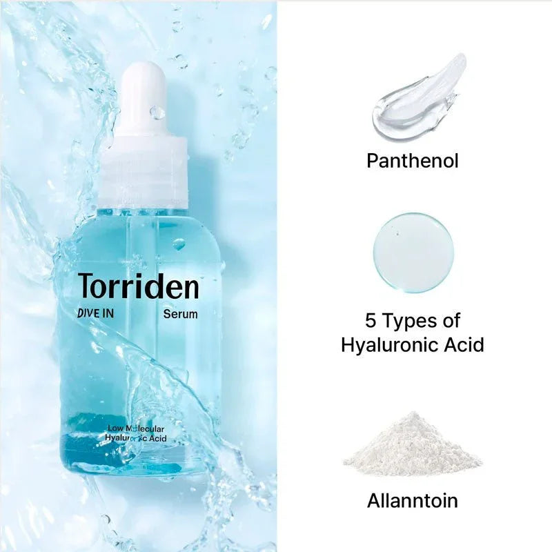 Torriden Dive-In Hyaluronic Acid Serum 50ml bottle
Fragrance-free hyaluronic acid serum for deep hydration
Low molecular weight HA serum for plump dewy skin
Hydrating Korean serum with panthenol and botanicals
Torriden Dive-In serum for sensitive skin hydration