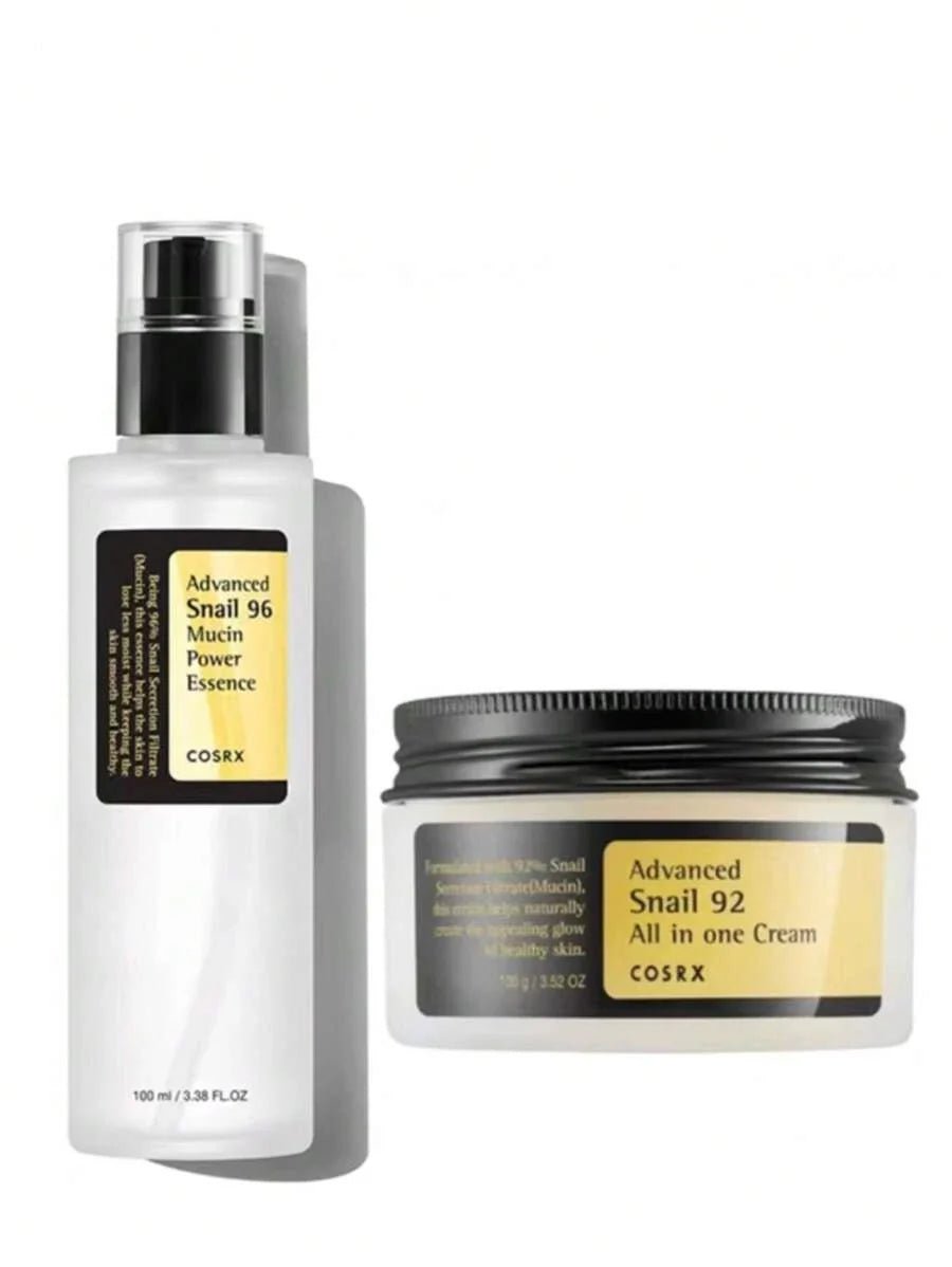 COSRX Advanced Snail Duo – Snail Mucin Essence & Cream

96% Snail Mucin Essence for hydration and repair

92% Snail Mucin Moisturizer for glow and softness

Snail mucin glow duo for barrier repair and radiance

Hydrating snail mucin skincare set—essence + cream