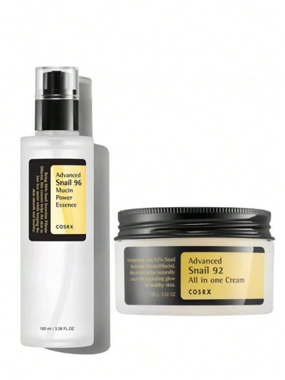 COSRX Advanced Snail Duo – Snail Mucin Essence & Cream

96% Snail Mucin Essence for hydration and repair

92% Snail Mucin Moisturizer for glow and softness

Snail mucin glow duo for barrier repair and radiance

Hydrating snail mucin skincare set—essence + cream