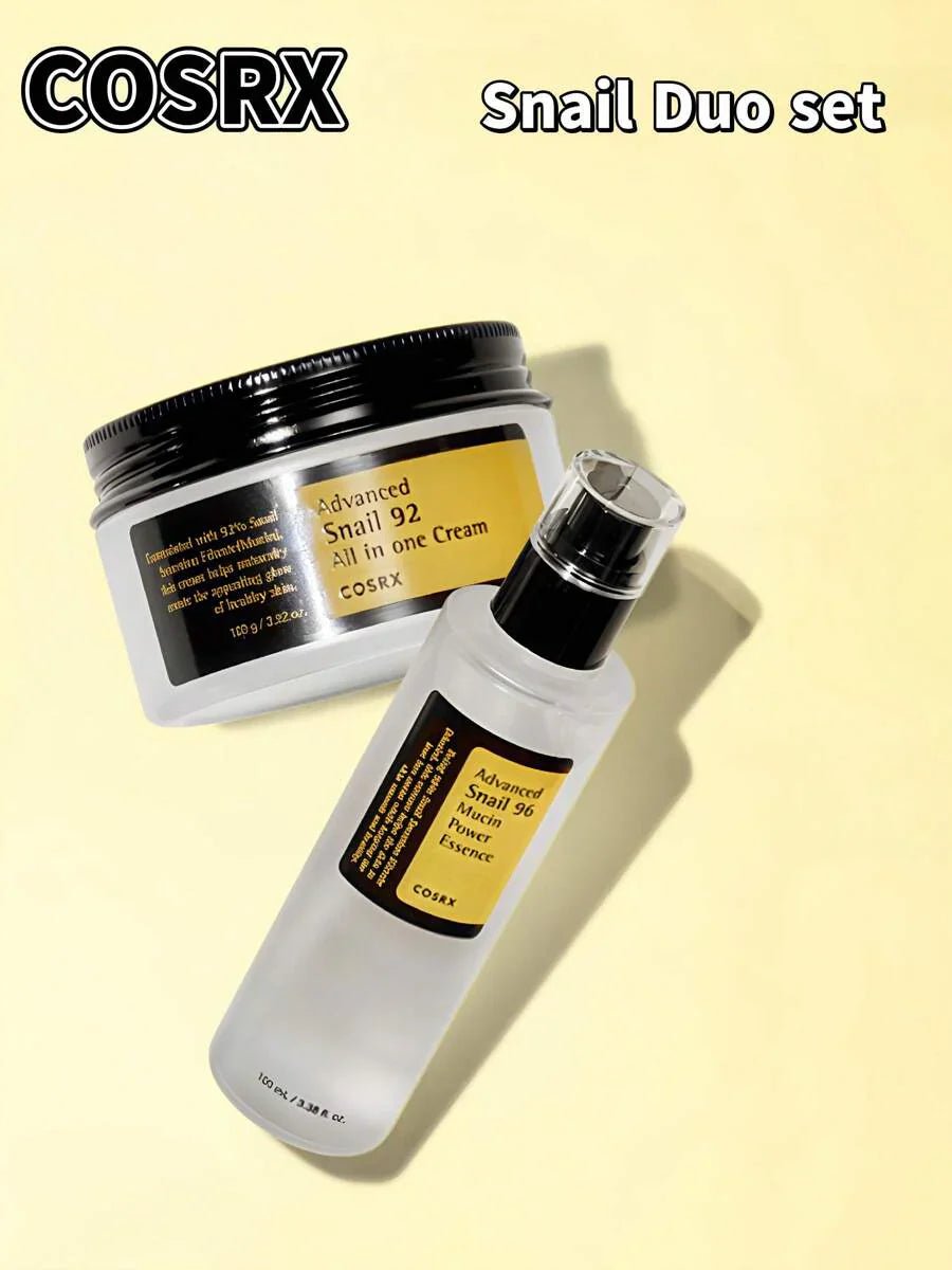 COSRX Advanced Snail Duo – Snail Mucin Essence & Cream

96% Snail Mucin Essence for hydration and repair

92% Snail Mucin Moisturizer for glow and softness

Snail mucin glow duo for barrier repair and radiance

Hydrating snail mucin skincare set—essence + cream