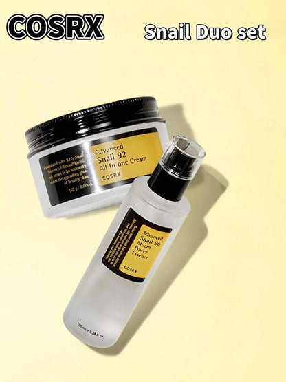 COSRX Advanced Snail Duo – Snail Mucin Essence & Cream

96% Snail Mucin Essence for hydration and repair

92% Snail Mucin Moisturizer for glow and softness

Snail mucin glow duo for barrier repair and radiance

Hydrating snail mucin skincare set—essence + cream