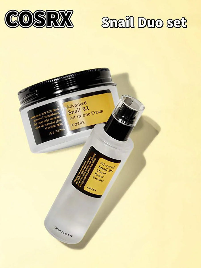 COSRX Advanced Snail Duo – Snail Mucin Essence & Cream

96% Snail Mucin Essence for hydration and repair

92% Snail Mucin Moisturizer for glow and softness

Snail mucin glow duo for barrier repair and radiance

Hydrating snail mucin skincare set—essence + cream