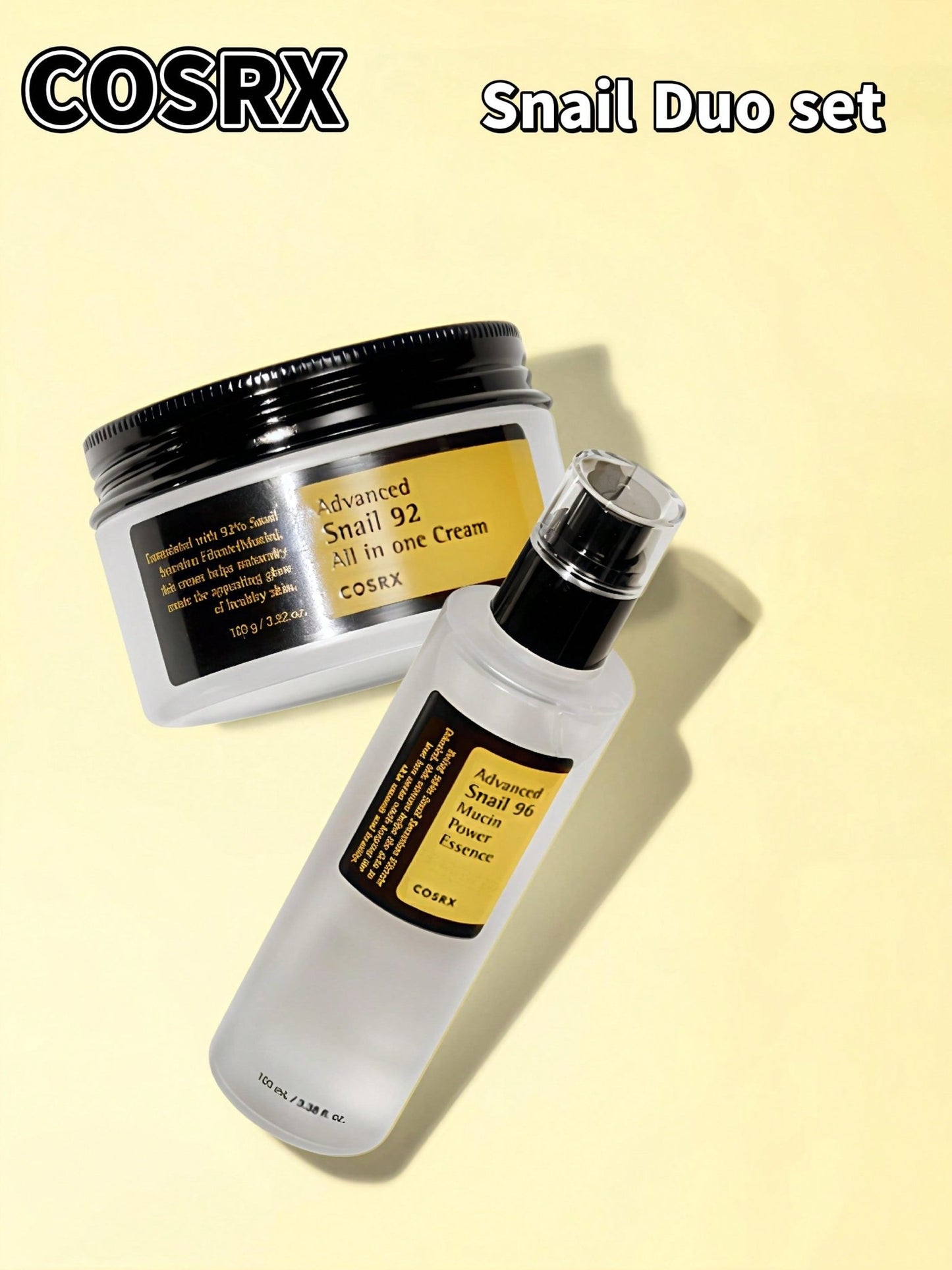 COSRX Advanced Snail Duo – Snail Mucin Essence & Cream

96% Snail Mucin Essence for hydration and repair

92% Snail Mucin Moisturizer for glow and softness

Snail mucin glow duo for barrier repair and radiance

Hydrating snail mucin skincare set—essence + cream