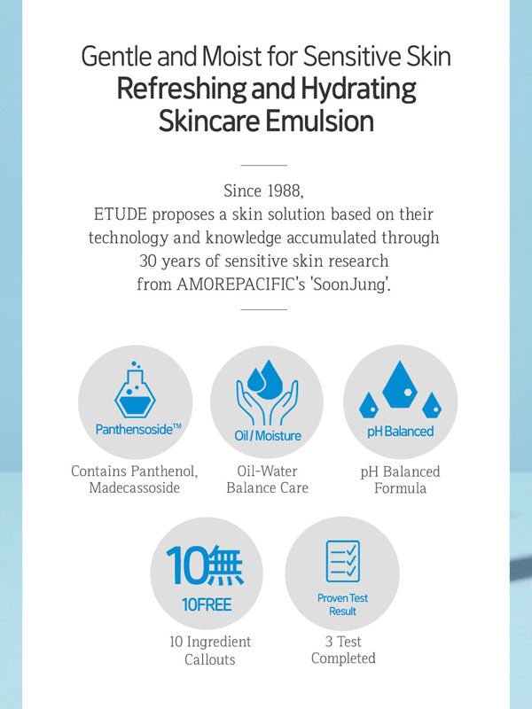 Etude House SoonJung 10 Free Moist Emulsion 130ml Korean moisturizer

Lightweight emulsion for sensitive skin hydration

Etude House SoonJung skincare with panthenol and madecassoside

Non-greasy emulsion moisturizer for delicate s