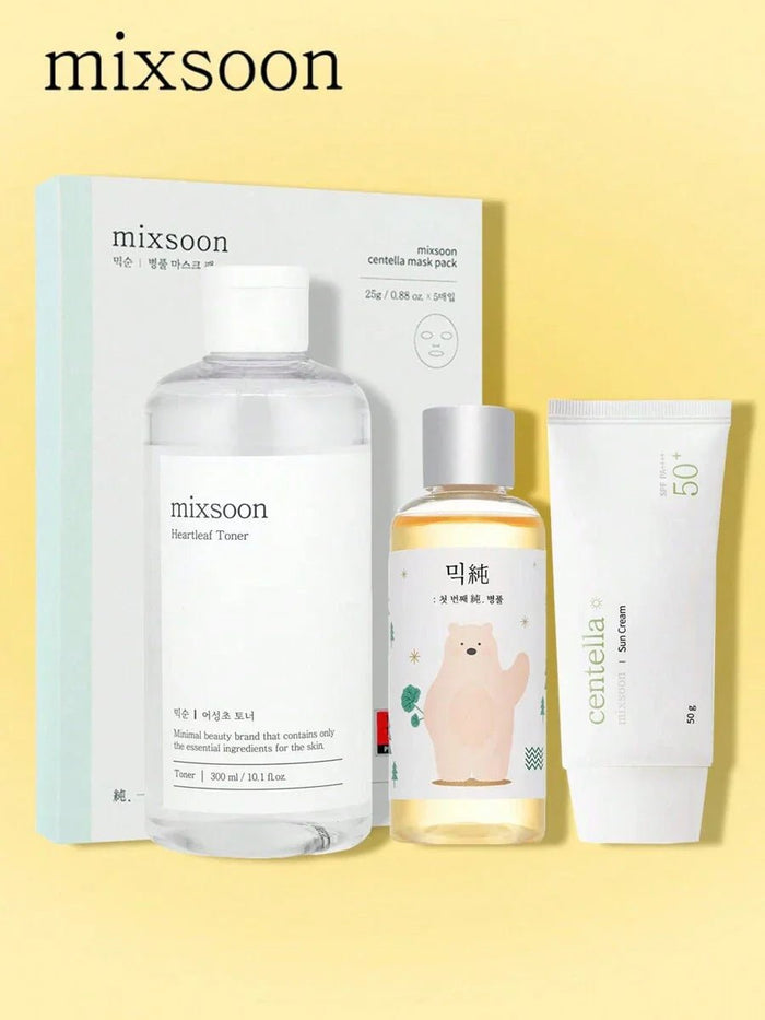 Mixsoon Centella Repairing Skincare Set – Toner, Essence, Mask, Sun Cream

Centella Niacinida skincare ritual set with hydrating sun cream

Sensitive skin centella remedy set for soothing glow

Mixsoon skincare collection for centella barrier care

Complete centella calm skincare ritual with SPF protection