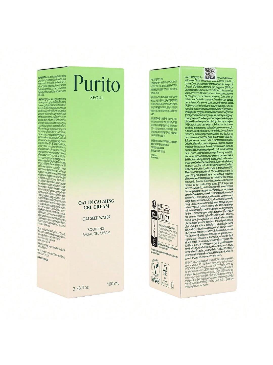 Purito Oat In Calming Gel Cream 100 ml – soothing oat gel cream

77% oat seed water moisturizer for sensitive skin

Lightweight oat hydration gel cream

Soothing cream with squalane and panthenol

Calming moisturizer for reactive and combo skin