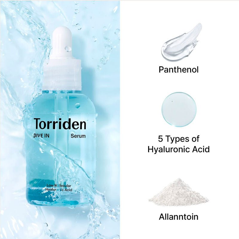 Torriden Dive-In Hyaluronic Acid Serum 50ml bottle

Fragrance-free hyaluronic acid serum for deep hydration

Low molecular weight HA serum for plump dewy skin

Hydrating Korean serum with panthenol and botanicals

Torriden Dive-In serum for sensitive skin hydration
